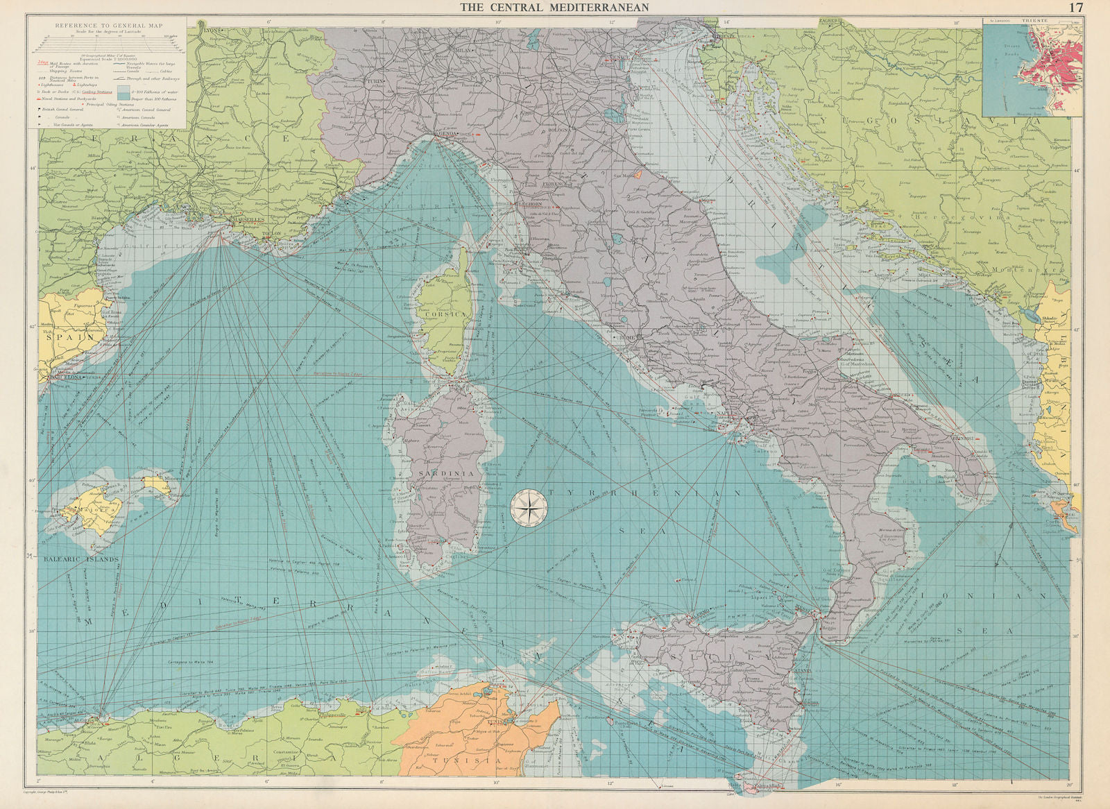 Central Mediterranean sea chart. Italy. Mail shipping routes. LARGE 1959 map